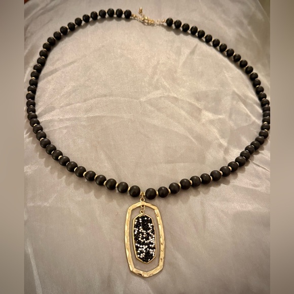 Boho Necklace Striking Contrast Of Matte Black Beads, And A Sparkling Medallion - Picture 3 of 7